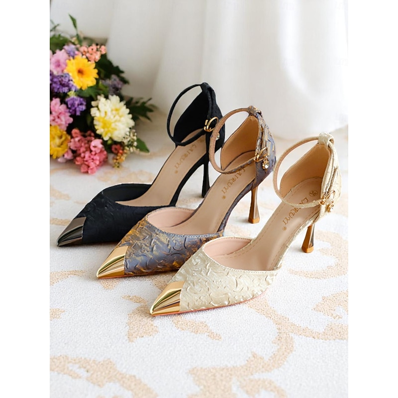 Women's Beige Satin Pointed Toe Heels with Gold Accents and Ankle Strap for Cocktail Parties