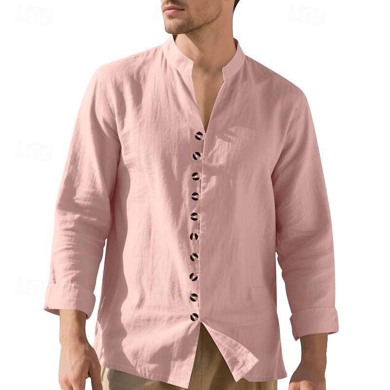 Men's Shirt Linen Shirt Casual Shirt Button Up Shirt Cotton Shirt Plain Vacation Hawaiian Black White Pink Purple Long Sleeve Band Collar Spring Fall Clothing Apparel Buttons2