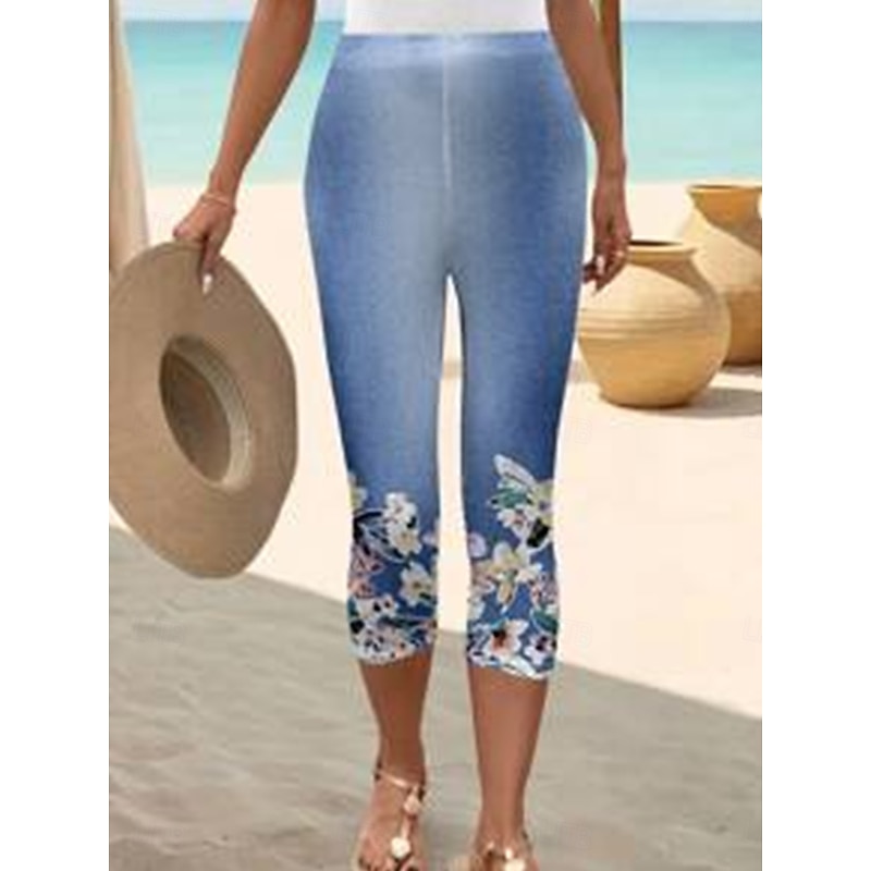 Women's Leggings Capri Pants 3D Print High Elasticity Vintage Fashion Ethnic Style Calf-Length High Waist Floral Graphic Stretchy Vacation Street Causal Robin's Egg Blue White Summer Spring Slim Fit2