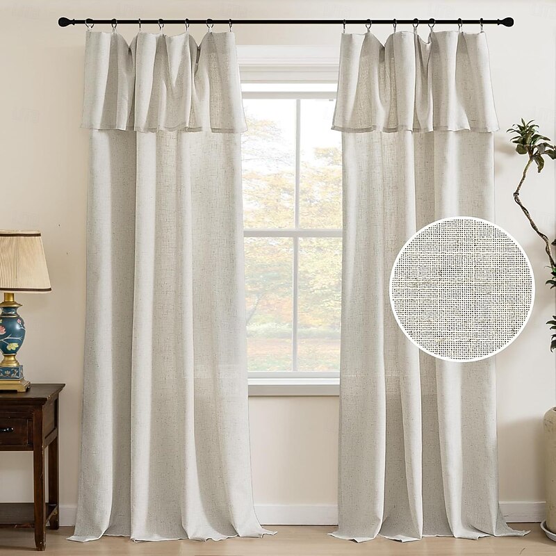 Faux Linen Curtains with Valance Farmhouse Privacy Window Curtain for Living Room Bedroom Ring/Rod Pocket Light Filtering Curtain Drapes 1 Panel 12