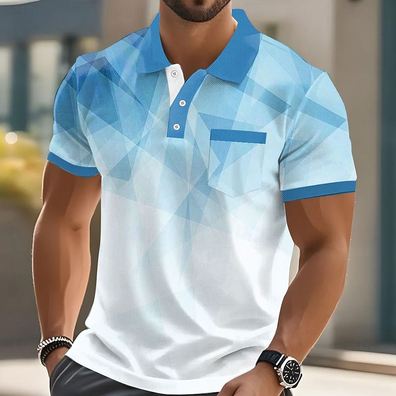 Men's Geometric Polo Short Sleeve Turndown Business Casual Daily Sports & Outdoor Business Casual Daily Pocket Buttons Summer Robin's Egg Blue Dark Blue Green