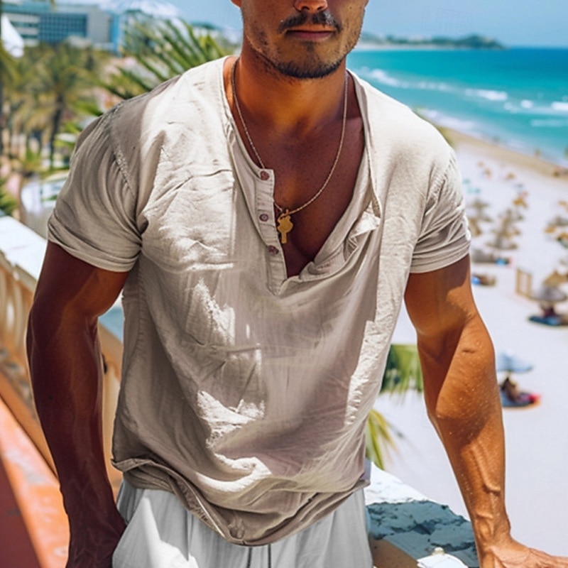Men's T Shirt Henley Shirt Tee Short Sleeve Shirt Short Sleeve Henley Summer Plain Fashion Designer Basic Plain Vacation Street Going out Almond Top Tee for Men