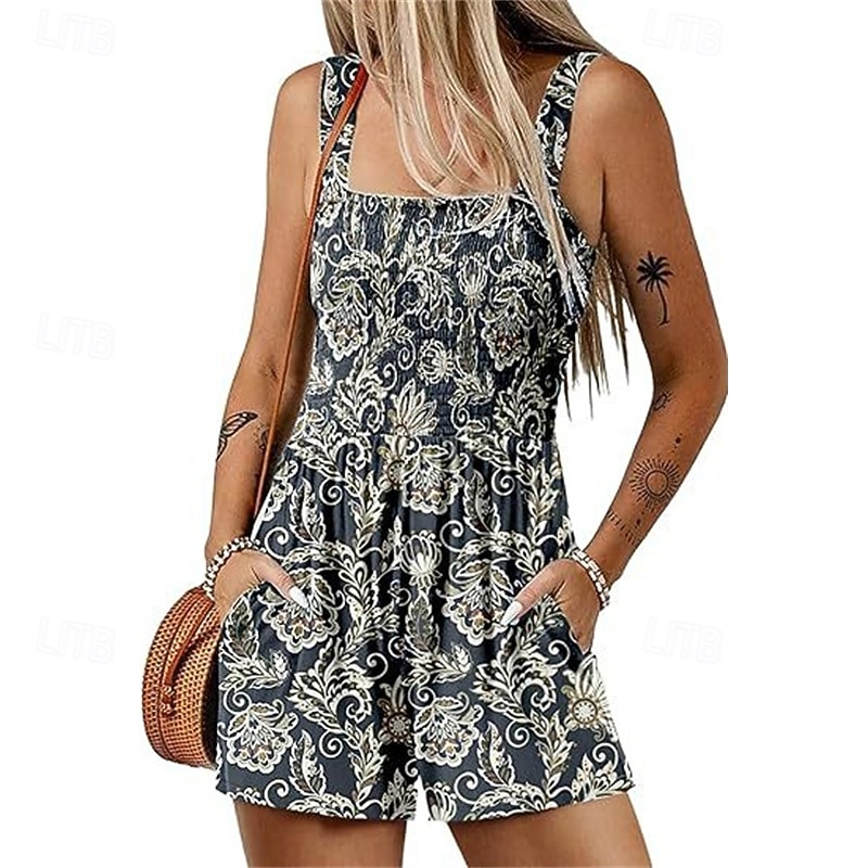 Women's Normal Romper Casual Floral Sleeveless Baggy Shorts Print Street Daily Regular Fit Black Light Green Pink Summer4