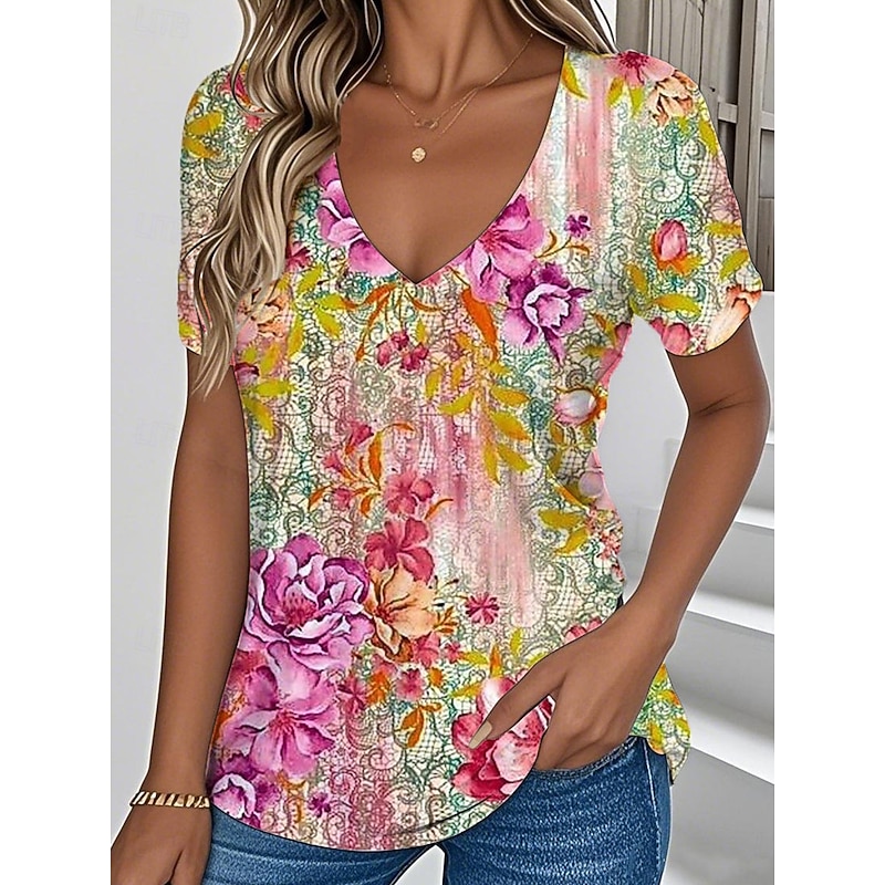 Women's T Shirt Floral Graphic Plants Vintage Stylish Classic Short Sleeve V Neck Regular Tops Daily Print Yellow Pink Green Summer Spring2