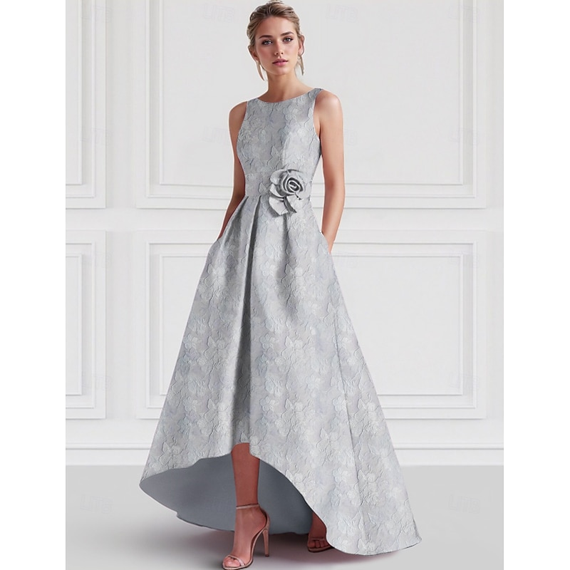 Jacquard A-Line Cocktail Dresses Elegant Dress Formal Wedding Asymmetrical Sleeveless Crew Neck Nylon with Floral Print Pocket Wedding Guest Dress