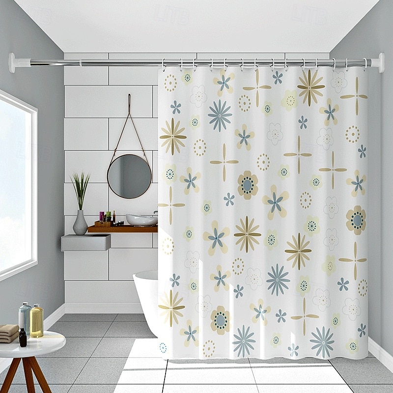 PEVA Shower Curtain Floral Pattern Printed Bath Curtain Waterproof Mildew Proof, Including Hooks 180x180cm 70