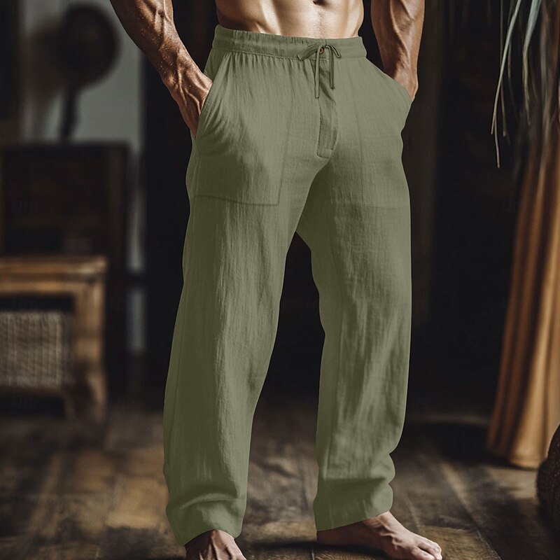 Men's Linen Pants Trousers Summer Pants Baggy Pants Elastic Waist Straight Leg Plain Comfort Breathable Full Length Casual Daily Holiday Fashion Classic Style Loose Fit Black Light Green4