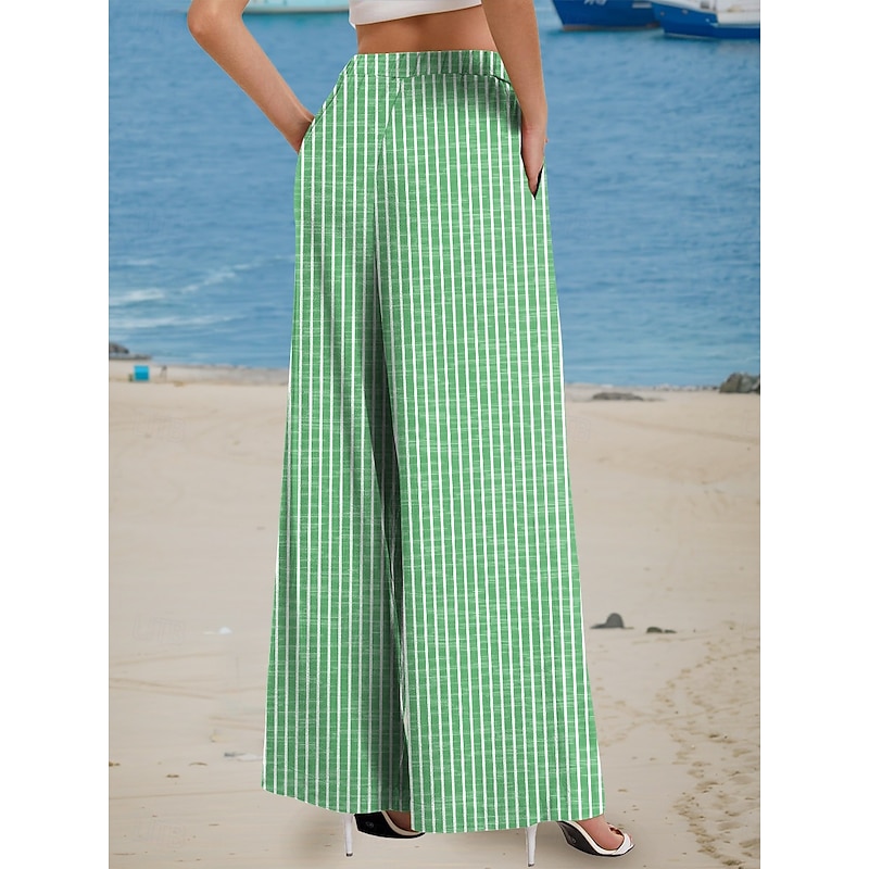 Women's Wide Leg Chinos Beach Shorts Vacation Fashion Casual Full Length High Waist Graphic Stripe Drawstring Printing Soft Breathable Micro-elastic Vacation Casual Daily Violet Robin's Egg Blue Green2