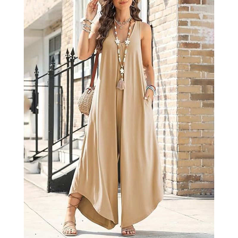 Women's Normal Jumpsuit Streetwear Solid Color Sleeveless V Neck Pocket Daily Weekend Regular Fit Black Pink Army Green Summer