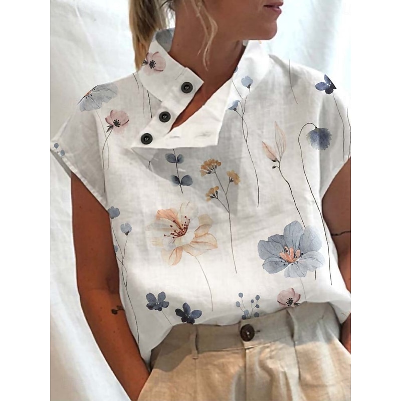 Women's Blouse Floral Stylish Casual Short Sleeve High Neck Regular Tops Daily Buttons Print White Red Blue Summer2