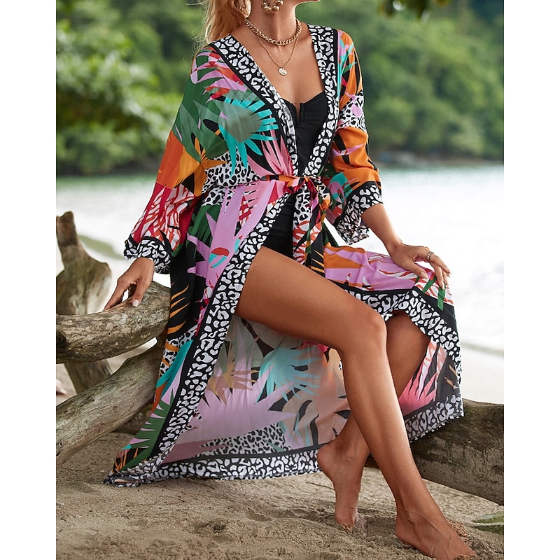 Women's Swimwear Cover Up Swimsuit Tie Front Tropical Beach Wear Flower V Neck Long Sleeve Bathing Suits2