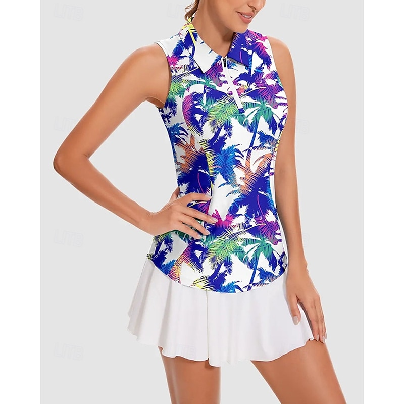 Women's Tropical Tennis Shirt Sleeveless Print UPF50+ Quick Dry Tennis Golf Outdoor Exercise Zip Collar Tee Tshirt Top Blue Tennis Clothing