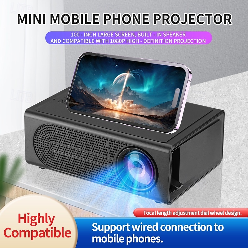 1080P Mobile Projector – Wired Phone Connection, 100” Adjustable Screen, Manual Focus, Compatible with iOS/Android, Ideal for Home & Outdoor Cinema