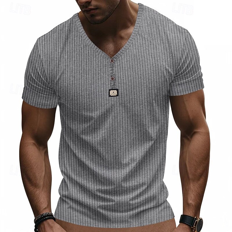 Men's T Shirt Henley Shirt Tee Short Sleeve Shirt Short Sleeve V Neck Summer Plain Fashion Designer Basic Jacquard Vacation Street Going out Black White Khaki Top Tee for Men3