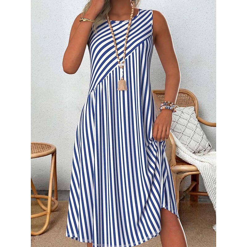 Women's Mini Dress A Line Dress Summer Dress Vacation Casual Outdoor Going out Beach Regular Fit Graphic Striped Sleeveless Crew Neck Blue Summer Spring