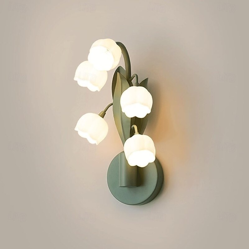 5-Light Lily of The Valley Wall Sconce Green Bell Flower Wall Light Fixture with Milk Glass Shades Farmhouse Wall Lamp for Bedroom Living Room Hallway4