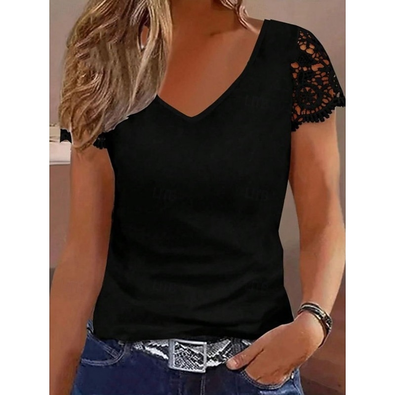 Women's Blouse Lace Tops Solid Color Daily Casual Short Sleeve V Neck Regular Tops Daily Lace Patchwork Black White Summer3