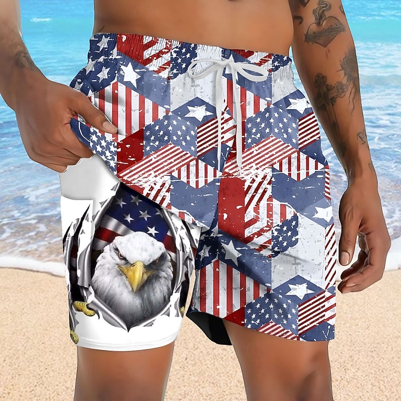Independence Day Men's Eagle Patriotic USA Flag Lined Shorts 2 in 1 Board Shorts Swim Trunks Mid Waist Holiday Side Pockets With Compression Liner Elastic Drawstring Waist Designer Clothing Apparel