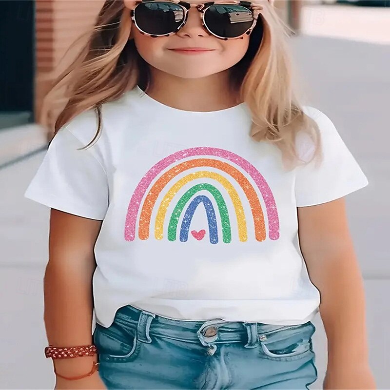 100% Cotton Kids Girls' Black White Rainbow T shirt Tee Crew Neck Short Sleeve Outdoor Vacation Daily Classic Casual Print Summer