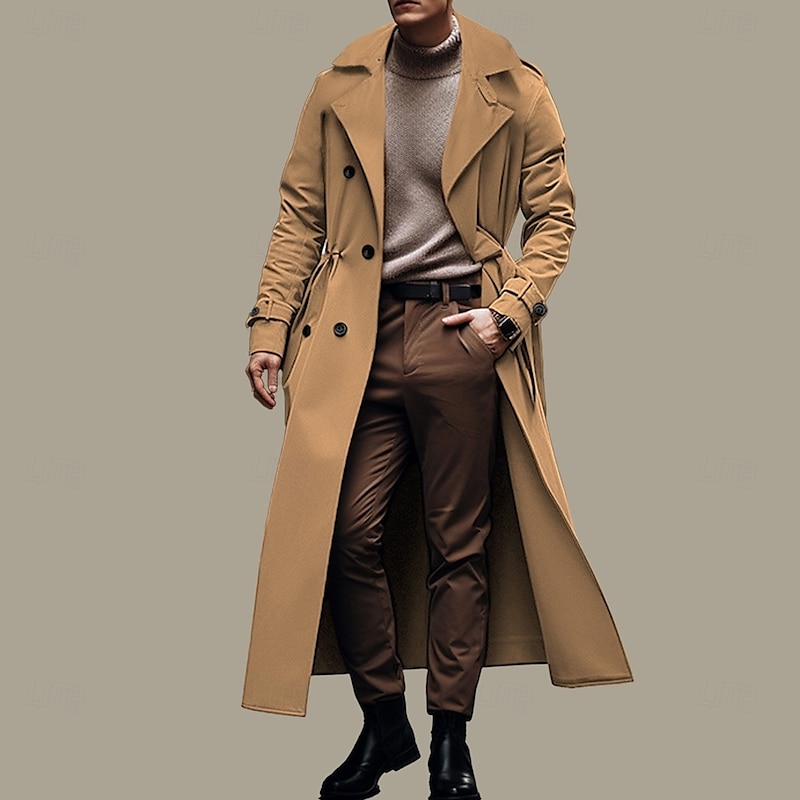Men's Peacoat Long Trench Coat Going out All Seasons Polyester Lightweight Outerwear Clothing Apparel Streetwear Plain Turndown Double Breasted2