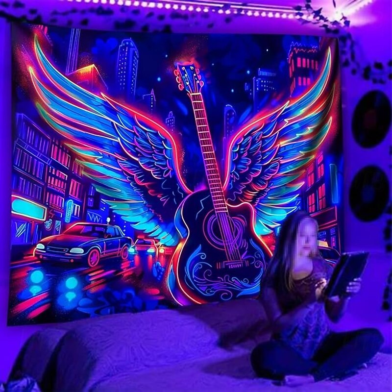 Blacklight Tapestry Glow in the Dark Glow Party UV Reactive Cyber Guitar Trippy Misty Modern City View Hanging Tapestry Wall Art Mural for Living Room Bedroom3