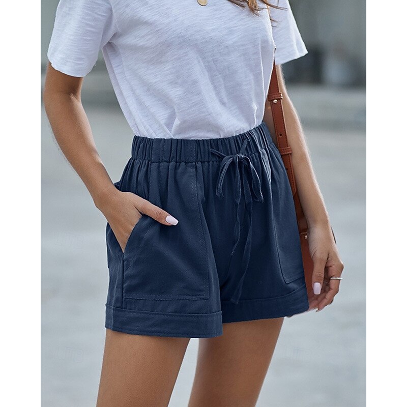Women's Linen-Inspired Pants Shorts Slacks Fashion Streetwear Short Natural Plain Pocket Elastic Drawstring Design Comfy Outdoor Outdoor Street claret Azure Depression Green Navy Summer Regular Fit