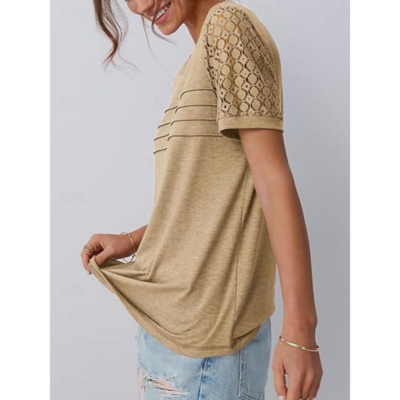 Women's T Shirt Plain Fashion Stylish Classic Short Sleeve Crew Neck Regular Tops Daily Weekend Lace Patchwork Black Pink Wine Khaki Summer3