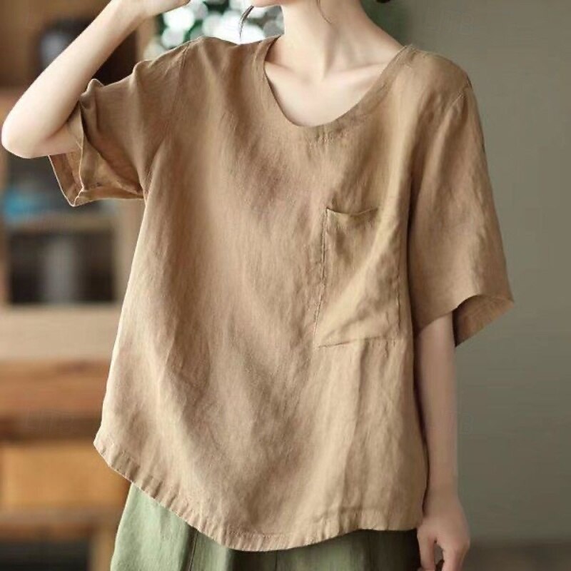 Women's Linen Shirt Linen-Inspired Sets Blouse Plain Modern Short Sleeve Crew Neck Regular Tops Holiday Going out Pocket Purple Orange Green Khaki Summer4
