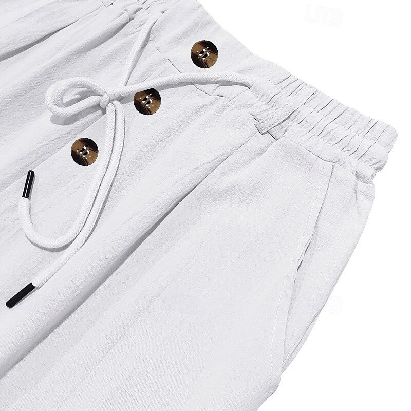 Men's Linen Pants Trousers Summer Pants Baggy Pants Gauze Pants Drawstring Elastic Waist Straight Leg Plain Comfort Breathable Knee Length Outdoor Daily Holiday Vacation Fashion Black White3