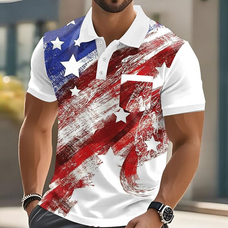Independence Day Male American Flag Polo Short Sleeve Turndown Casual Daily Casual Festival Buttons Pocket Summer Robin's Egg Blue White