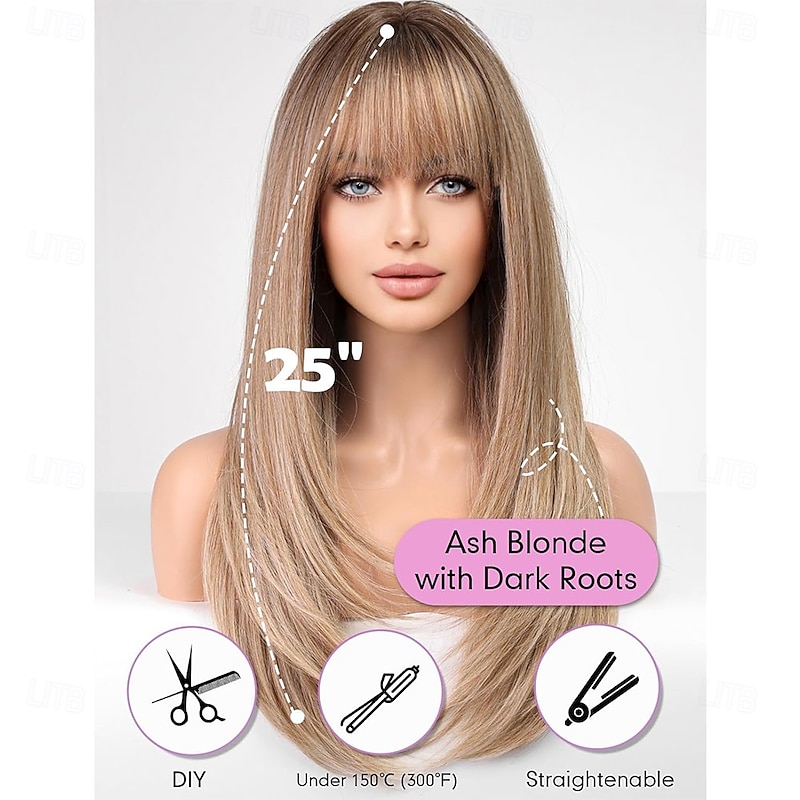Long Straight Wigs for Women with Fringe Layered Synthetic Ash Blonde with Dark Roots Color Wigs for Women2