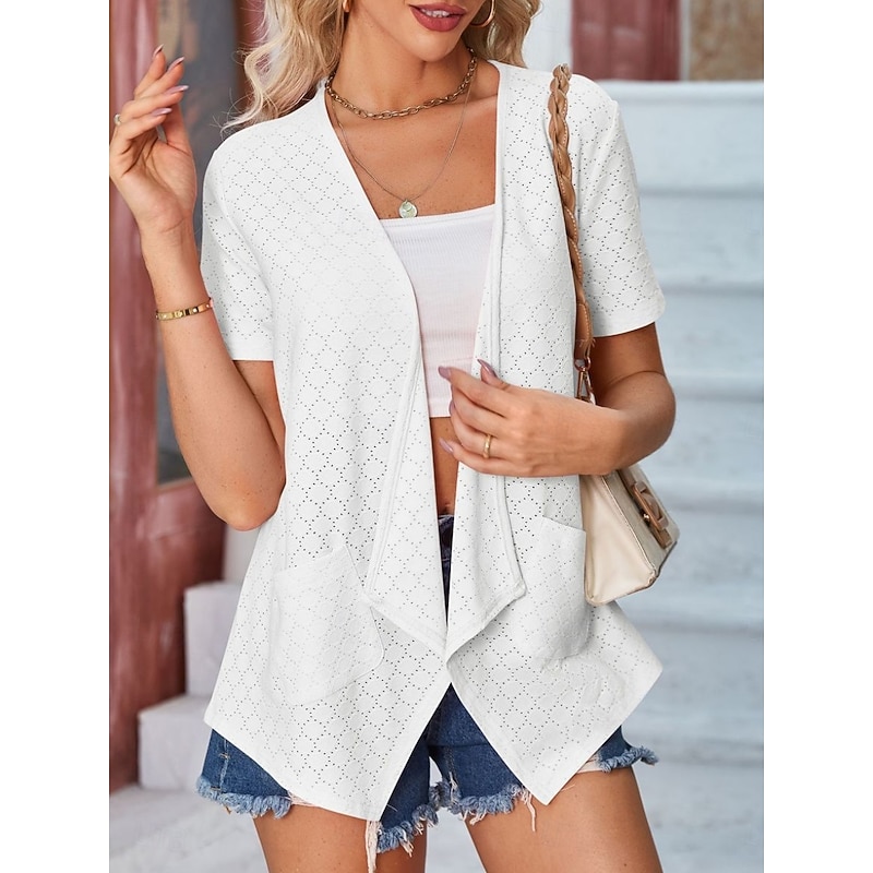 Women's Shrugs Solid Color Stylish Casual Short Sleeve Shirt Collar Regular Tops Daily Pocket Black White Yellow Pink Summer