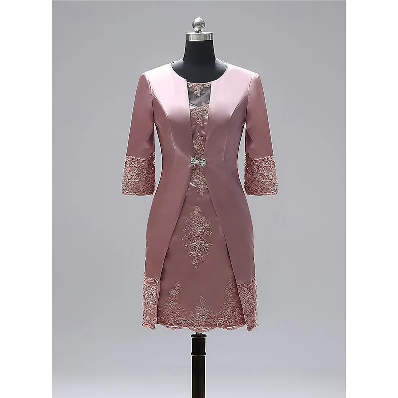 Sheath Mother of the Bride Dress Two Piece Wedding Guest Vintage Plus Size Jewel Neck Knee Length Satin Lace 3/4 Length Sleeve Jacket Dresses With Appliques3