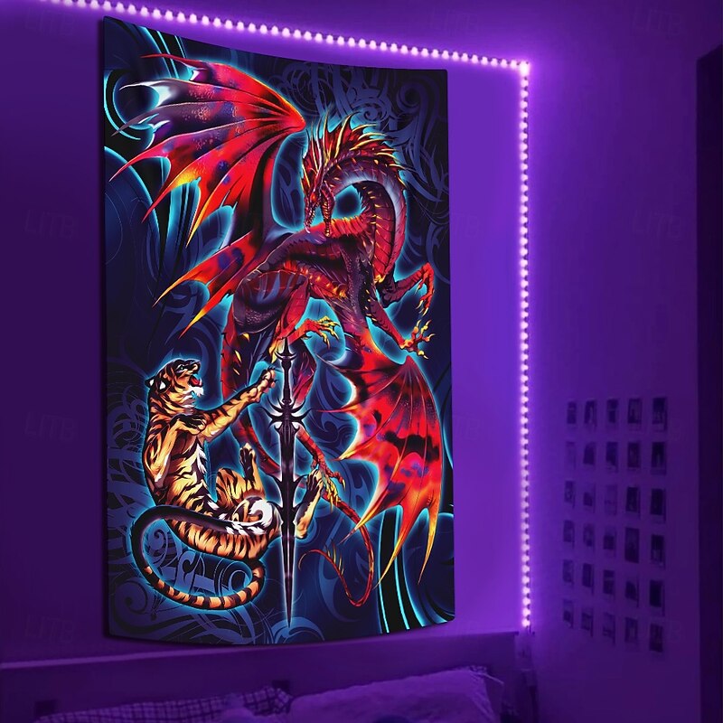 Ruth Thompson Blacklight Tapestry Glow in the Dark Glow Party UV Reactive Trippy Misty Hanging Tapestry Wall Art Mural for Living Room Bedroom Dragonblade Tigerblade HIGH REZ3