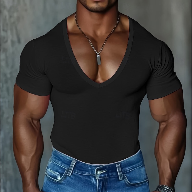 Men's T Shirt Tee Top Short Sleeves V Neck Summer Solid Color Fashion Designer Basic V Neck Vacation Street Going out Black Pink Light Green Top Tee for Men4