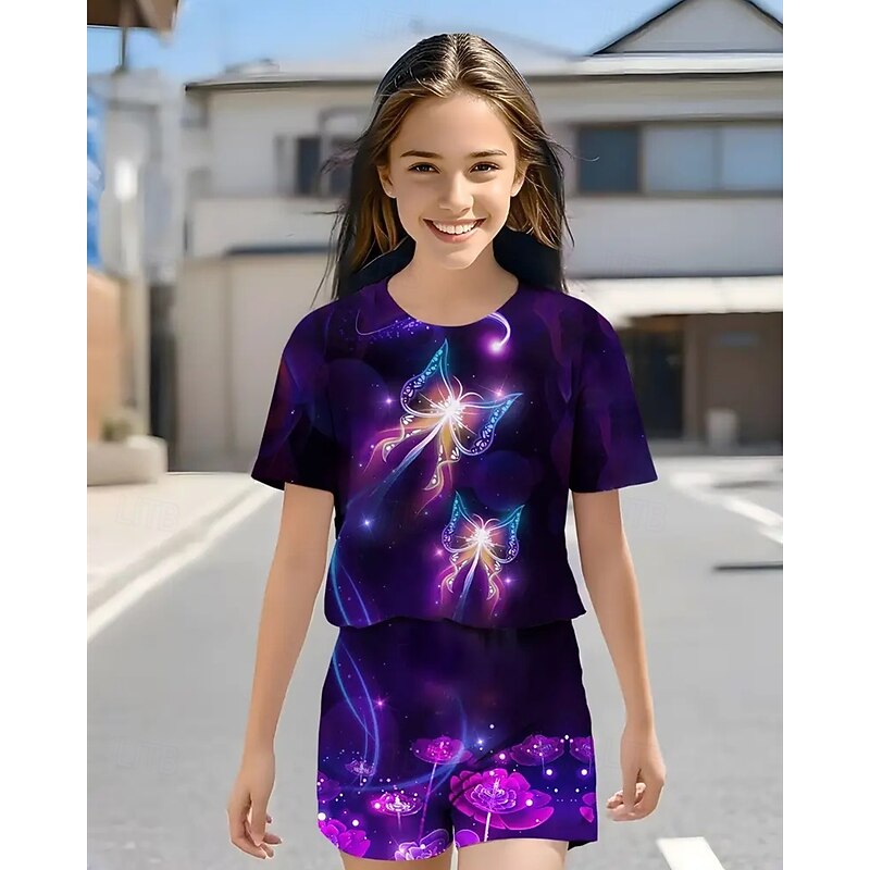 Girls' 3D Butterfly T-shirt & Shorts Set Short Sleeve Summer Spring Sports Fashion Daily Kids 4-12 Years Crew Neck Outdoor Vacation Sports Tailored Fit