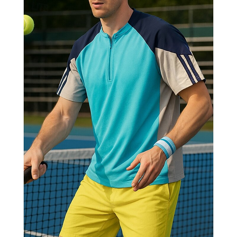 Men's Patchwork Sport Shirt Golf Polo Shirt Tennis Shirt Tennis Tee Short Sleeves Front Zip Sweat-Wicking Moisture Wicking Breathable Tennis Golf Pickleball Yellow Blue Dark Gray Tennis Clothing