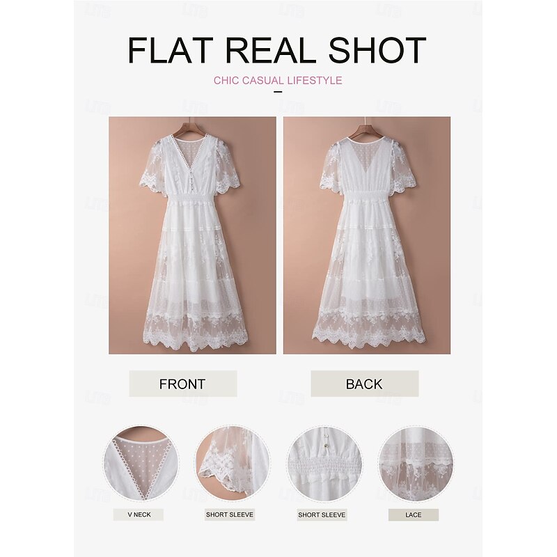 Women's Maxi long Dress White Dress Lace Dress Holiday Dress Swing Dress Elegant Romantic Boho Vacation Holiday Date Regular Fit Pure Color Short Sleeve V Neck White Summer Spring 7