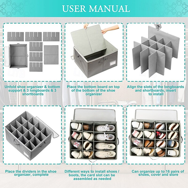 Shoe Organizer for Closet, Shoe Organizer with Transparent Cover and Sturdy Handles, Closet Shoe Storage for Sneakers Sandals Slippers, Fit 16 Pairs,4