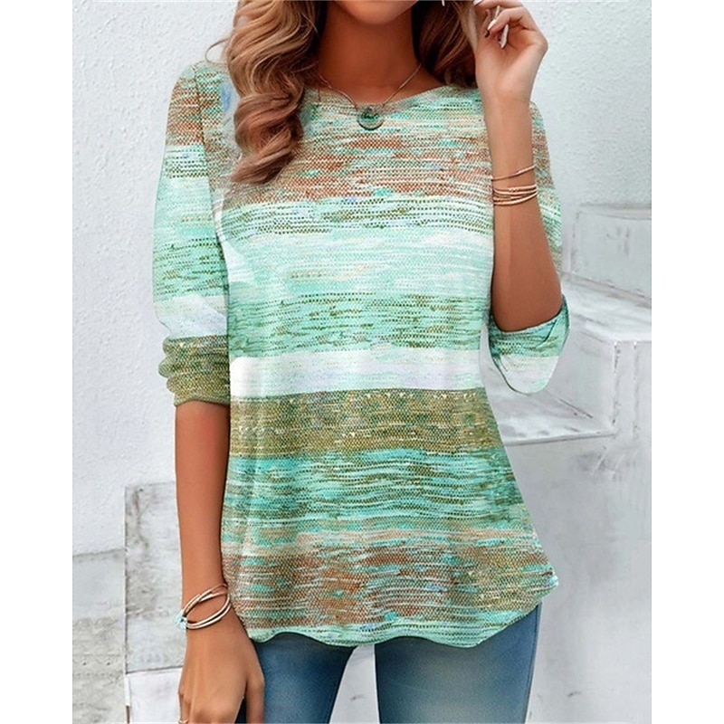 Women's T Shirt Tee Top Graphic Fashion Modern Long Sleeve Crew Neck Regular Tops Daily Print Blue Green Dark Gray Summer Spring2