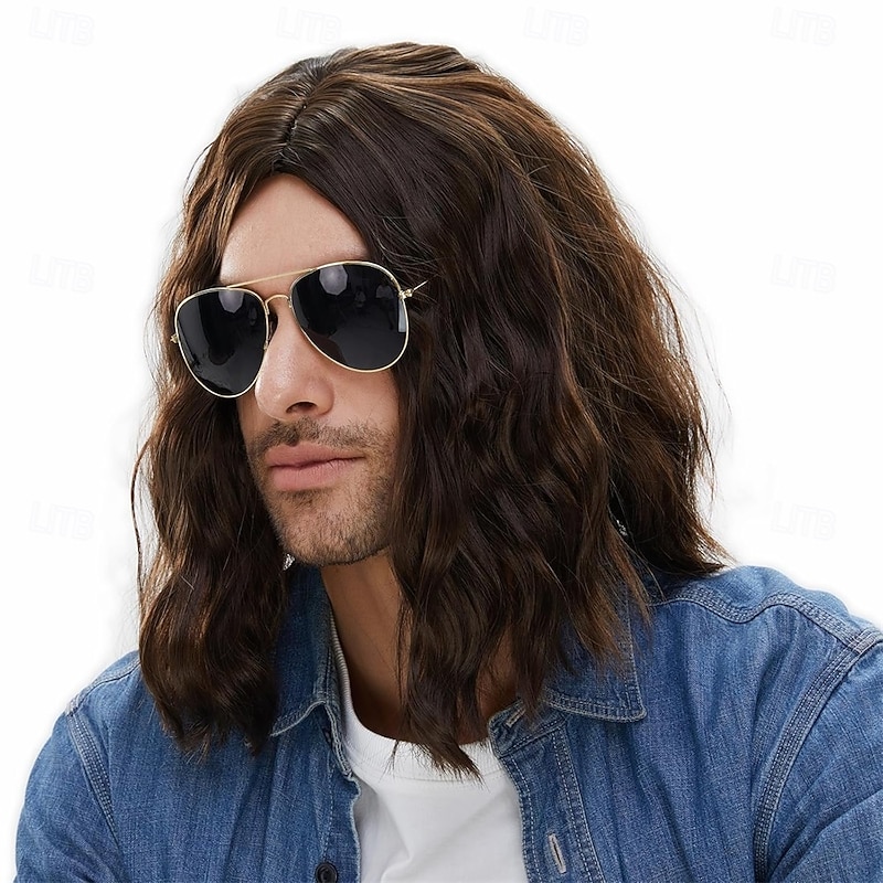 Long Wavy Men Wig for Party Curly Wigs for Man Male Hippie Rocking 70s 80s Them Party Cosplay Costume Anime Heat Resistant Synthetic Hair Wig With Cap Halloween Wigs2