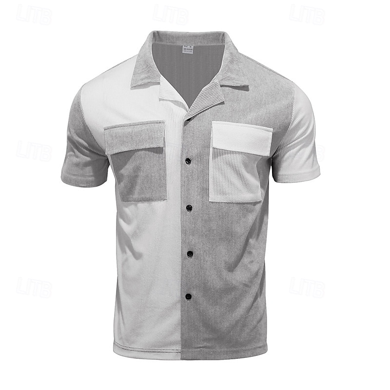Men's Shirt Summer Shirt Casual Shirt Corduroy Shirt Button Up Shirt Cargo Shirt Black Blue Green khaki Gray Short Sleeve Color Block Cuban Collar Casual Daily Front Pocket Clothing Apparel Fashion2