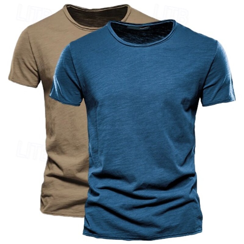 2 Pack Cotton Men's T Shirt Tee Top Short Sleeve Short Sleeves Crew Neck Round Neck Summer Plain Fashion Designer Basic Classic Style Basic Vacation Street Casual Orange Blue Army Green  Black Tee2