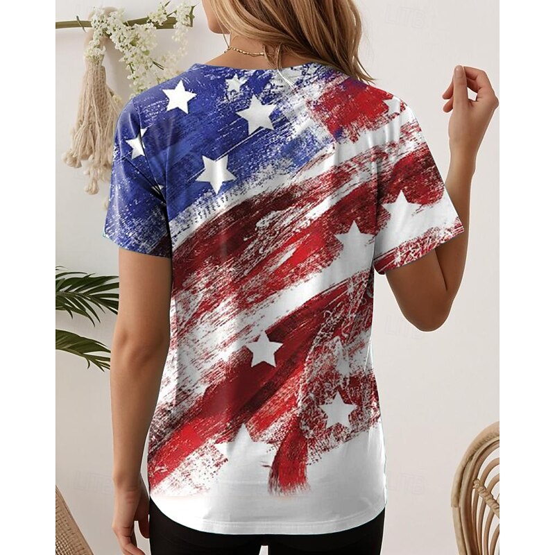 Women's Patriotic  T Shirt Graphic American Flag Vintage Stylish Classic Short Sleeve V Neck Regular Tops Daily Going out Weekend Print White Red Blue Red / Blue2