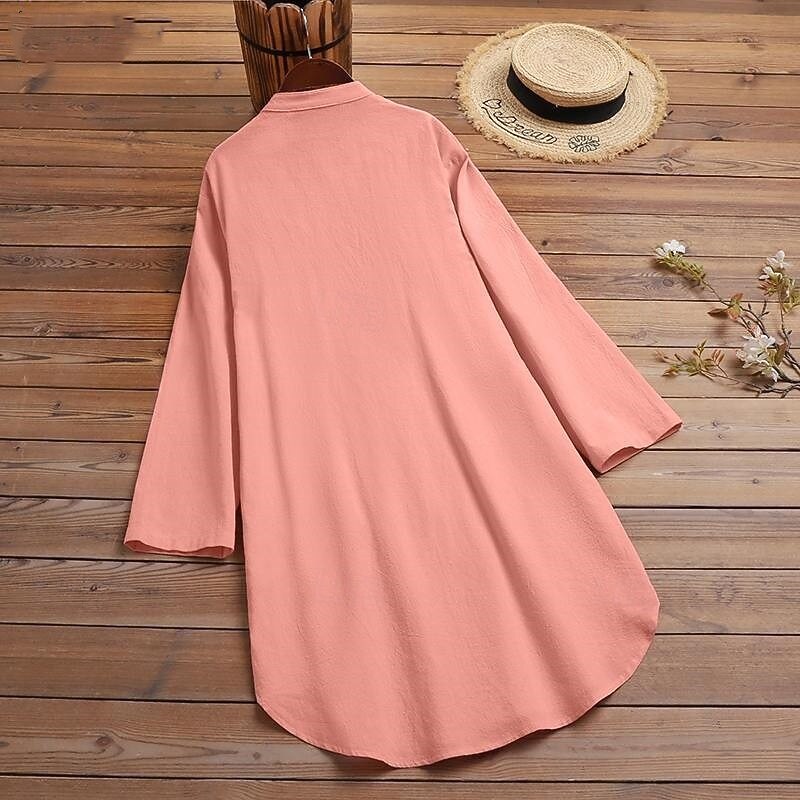Women's Shirt Cotton Linen Shirts Blouse Plain Modern Casual Long Sleeve V Neck Long Tops Holiday Going out Buttons Pocket White Yellow Pink Green Summer4