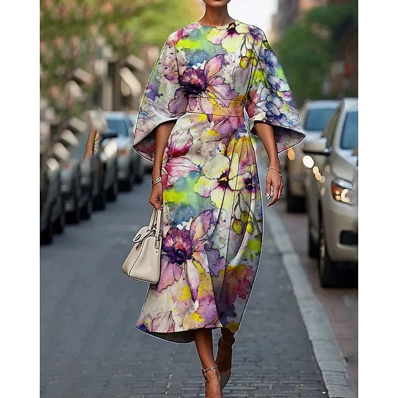 Women's Midi Dress Floral Dress Print Dress Elegant Fashion Outdoor Vacation Going out Regular Fit Flower Half Sleeve Crew Neck Pink Peach Green Dark Blue Summer2
