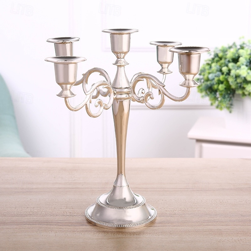 Vintage Gold Candelabra Candle Holder, 5 Arm Metal Taper Candle Stand for Table Centerpiece, European Retro Candlestick for Wedding Hotel Birthday Decor2
