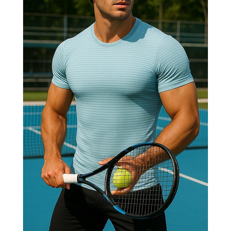 Men's Solid Colored Sport Shirt Tennis Shirt Tennis Tee Short Sleeves Reflective Strip Sweat-Wicking Moisture Wicking Breathable Tennis Golf Pickleball Crew Neck Black Blue Light Blue Tennis Clothing
