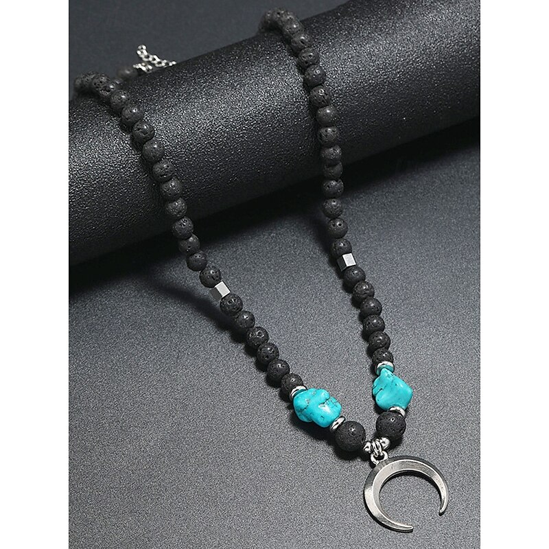 Men's Lava Rock Beaded Necklace with Turquoise and Crescent Moon Pendant - Boho Style, Adjustable Length, Unisex for Casual Wear, Outdoor and Daily Use3
