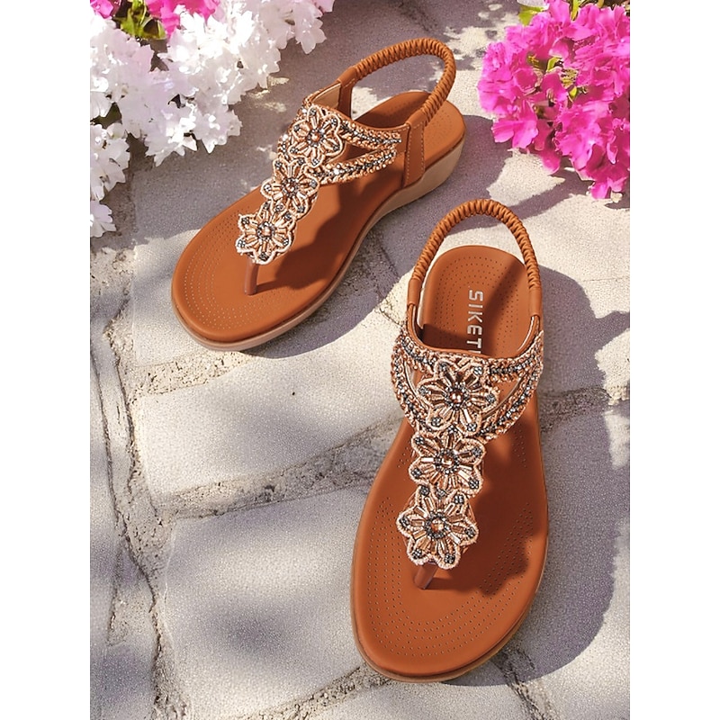 Women's Boho Beaded Floral Thong Sandals – Comfortable Elastic Back Summer Flats for Beach, Travel & Everyday Wear2